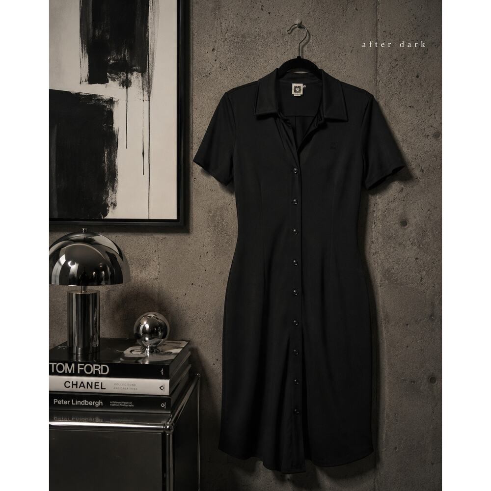 Anne Klein Black Button Front Midi Shirt Dress Women’s Medium Minimalist Career